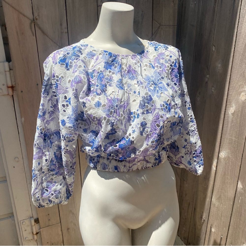 Mango Long Dolman Sleeve Eyelet Cropped Top with Corset Back - small